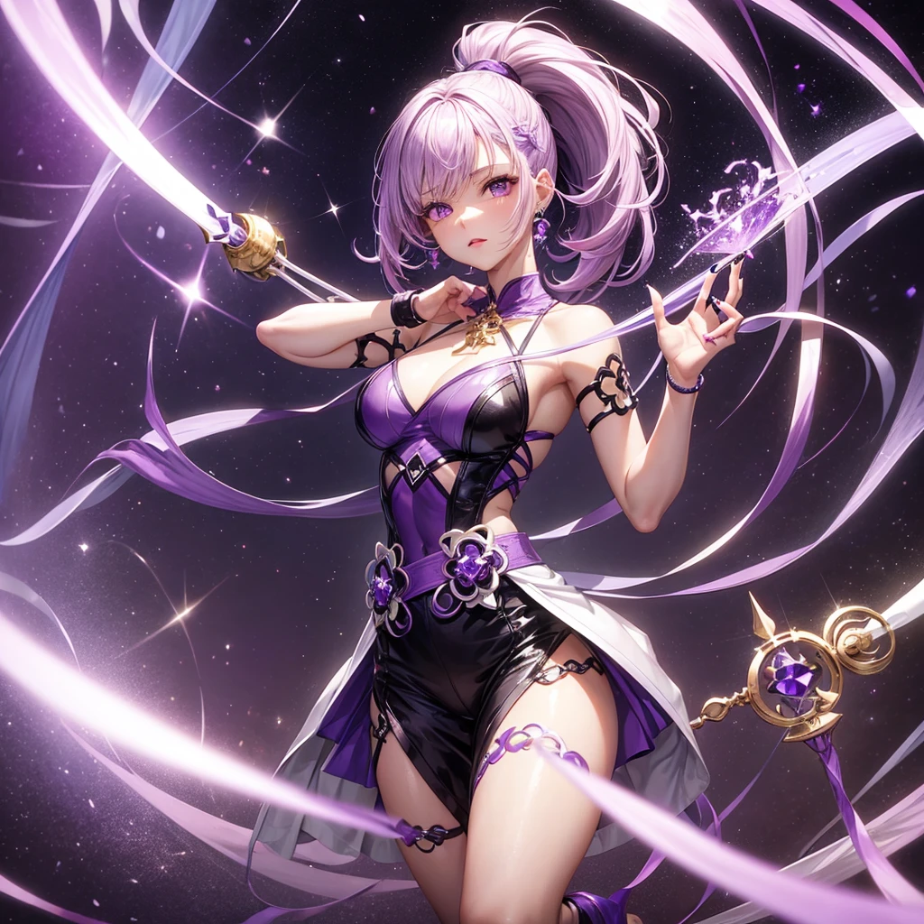cheerful boy aristocrat open forehead. dark purple hair braided in a ponytail on the left side to one side. sinuous black horns wrapped in dark purple ribbon. pale violet eyes. in short dark purple shorts. long white T-shirt. dark purple knee-high socks. a white long robe with a hood flutters in the wind. black ancient stone walls of the castle purple light from lamps with gold ornaments, heterochromia, long curly hair, pale skin, I look at the viewer, closed mouth, bright smile, Beautiful, extremely detailed eye, Absolutely amazing art, extremely detailed, Digital art of the highest quality, full length, old piano, ancient walls of a stone castle 