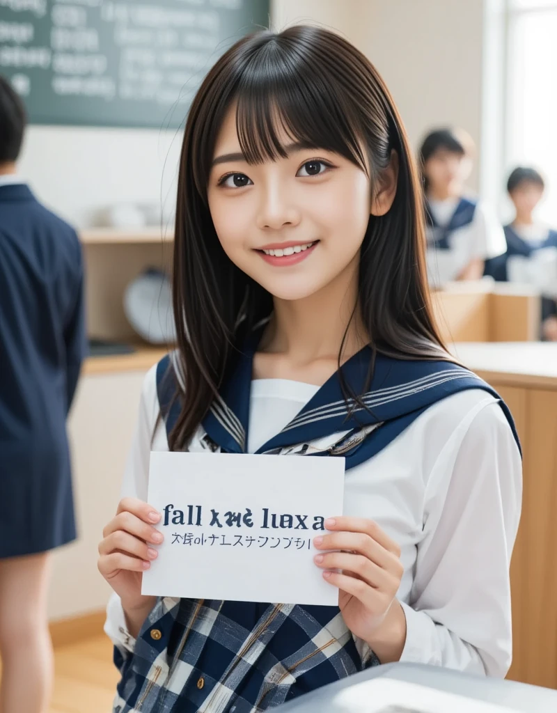 (8k、Original photo、top-quality、masterpiece:1.2)、(Realistic、 photorealistic :1.37)、  ultra detail 、Super A high resolution、1 girl、High school girl, young、(beautiful girl, Baby Face, Super cute idol-like face:1.2), (She is smiling in the classroom at school fold's a sign that read “FLUX LORA Japanese-Girl”:1.4)、Slightly longer bob hair、Black Hair、With bangs, Japanese High School Uniform、((Sailor school uniform)Wearing)、