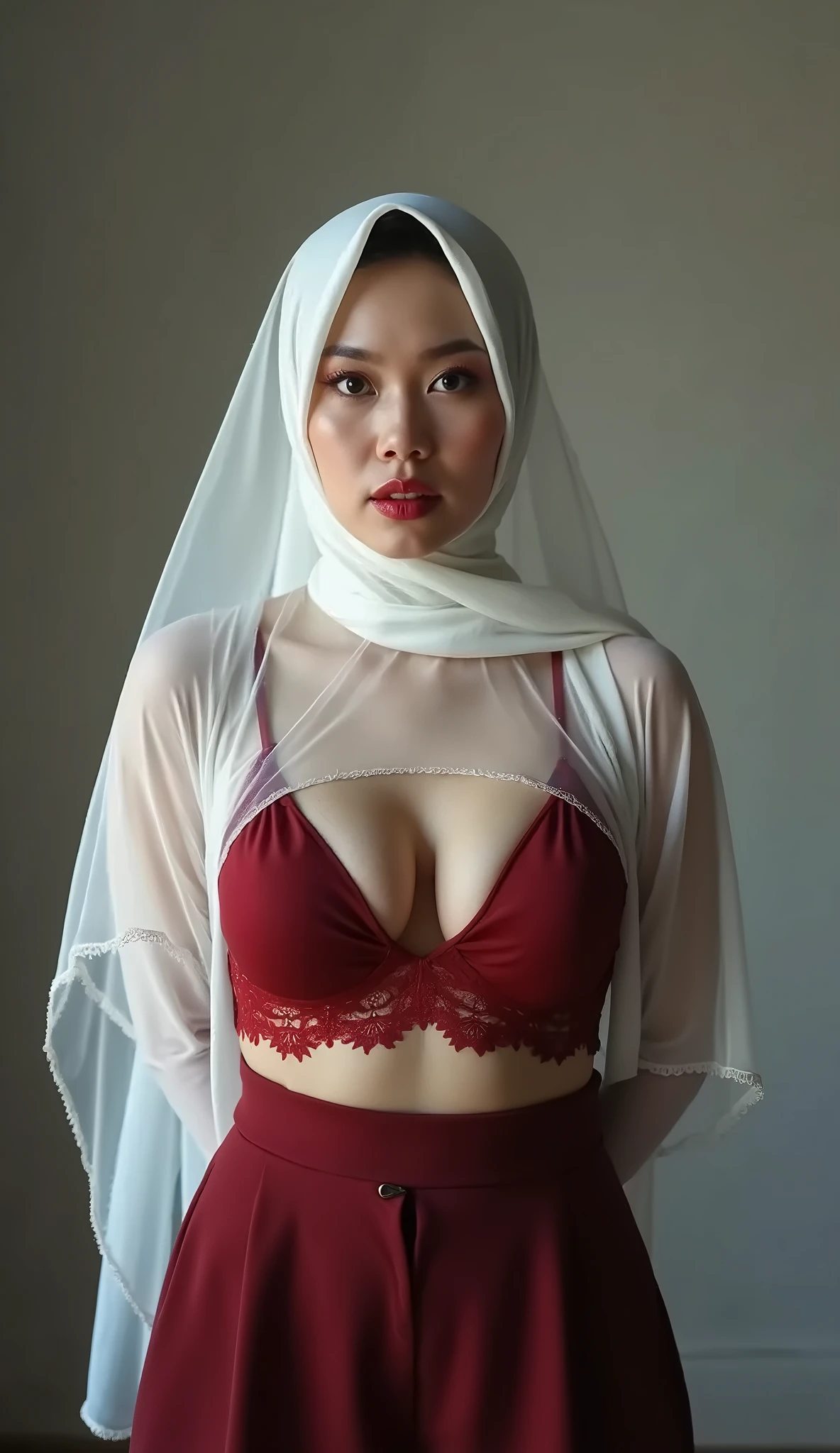 (((MALAY HIJAB GIRL))), (realistic, photo-realistic:1.4), (1girl), big breast, wearing light red lace bra and panties, hand on hips, ((HEAVY NIPPLES)), (( TRANSPARENT )), (( SADNESS )), ((RED LACE PANTIES)), (((RED LACE LINGERIE))), (((RED LIPS))).