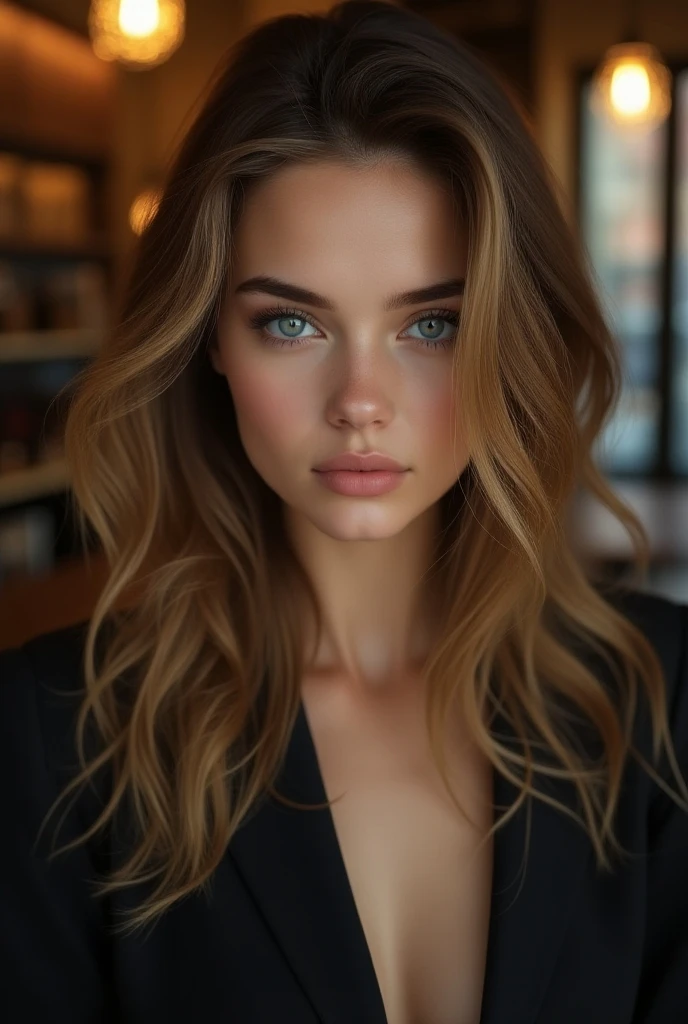 (photorealistic, masterpiece, best quality, ultra-detailed), face of Bridget Satterlee, model woman with long very straightened hair, wearing black bra, large bust, with her body and head straight in the photo, ((medium)) facing the viewer, her eyes intently staring at the lens, 4K resolution, ((cinematic look)), natural skin texture, film grain, soft cinematic light, sidelighting, hyperdetailed, intricate, sharp focus, realistic shadows, high contrast, detailed facial features, expressive eyes, exquisitely rendered, natural smile, full bust portrait, large breasts, stark raven black hair