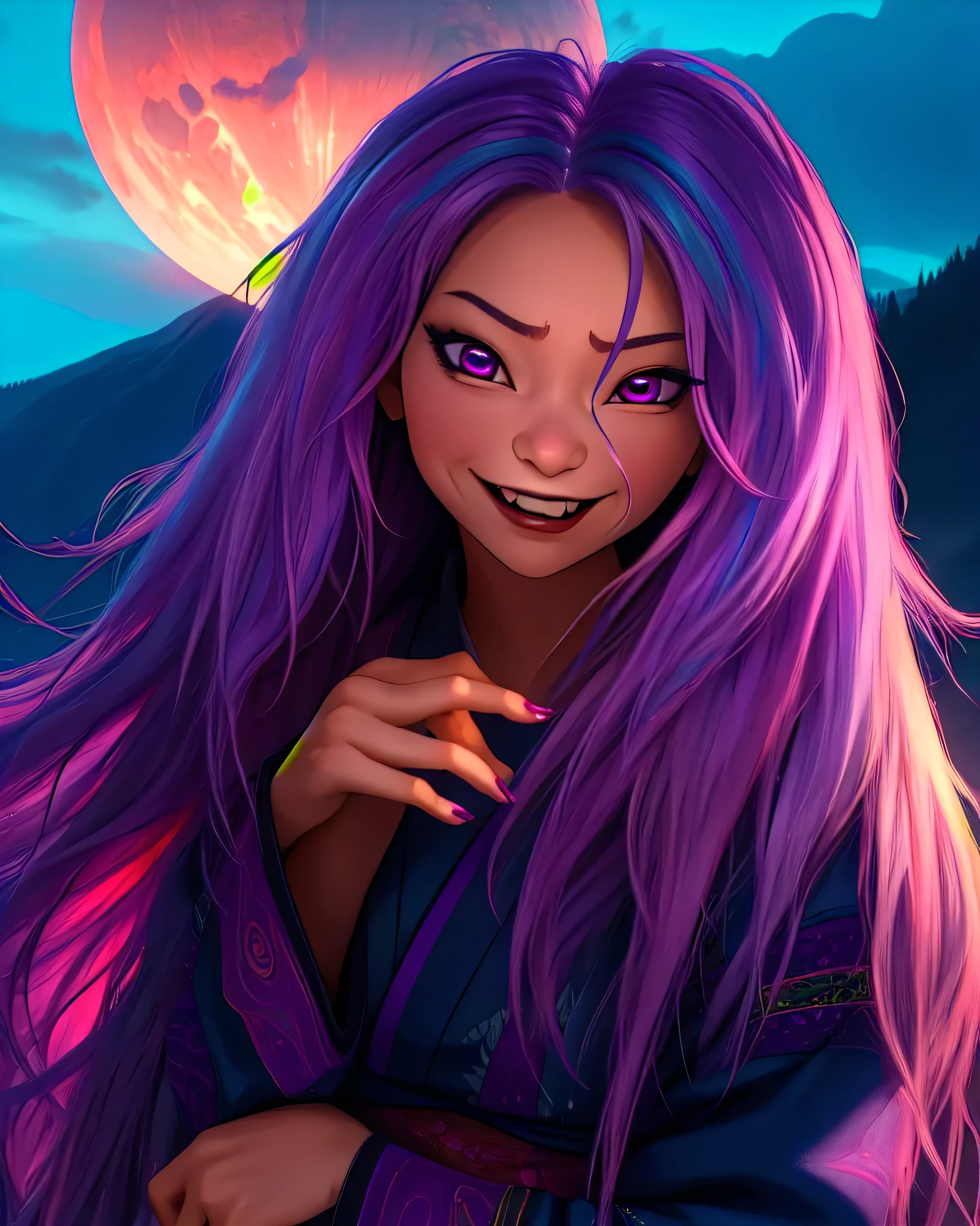 Sisu vampire version, young,  female juvenile body , (0.5),super long multicoloured hair, bright purple eyes, extremely long kimono (0.5),  evil smile showing her detailed fangs (0.5), detailed hands,  upper body , walking at night (0.5), Alone, dark night,  strong and light dark violet fog , darkness , castillo,  mountains shining in the moonlight  ( incredibly detailed ,  detailed face ,  beautiful detailed eyes , detailed hands con uñas largas,  masterpiece,  the best quality),