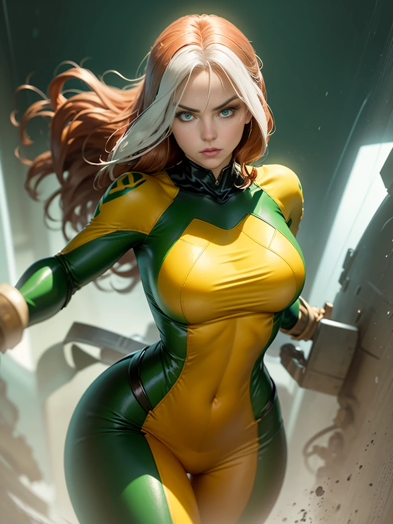 (((COMIC STYLE, CARTOON ART))). 01 girl, solo, lonly, A comic-style image of Rogue member of the X-Men in dynamic pose.  A woman with brown hair with a white streak, green eyes and special gloves.  She is flying in the sky, with clouds in the background.  She wears her traditional attire with a brown leather jacket.(((Slim Hot body, sexy, sensual, camel toes ))), (((Camel Toes))). Detailed, detailed face, intricate, glowing. Cinematic background.