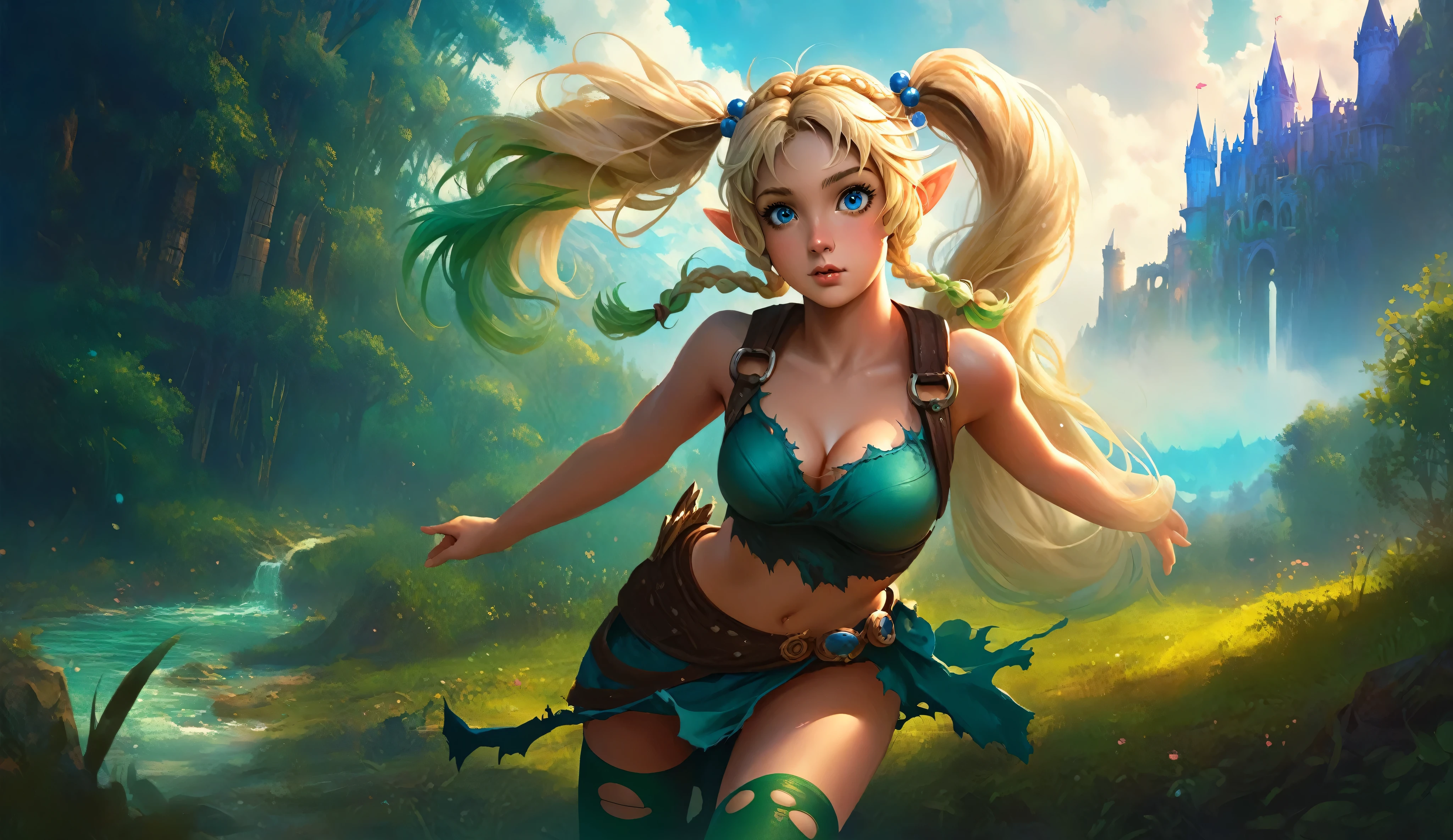 masterpiece, newest, absurdres, masterpiece, highly detailed, beautiful anime, lineart, realistic anime, semi realistic, ((very aesthetic, best quality, ultra detailed)), (perfect face, cute face, like face), fantasy background, extreme colors, Bavarian forest, mountainside, river, castle ruins, intricate details, colorful, ((dramatic lighting)), fantasy, young, girl, ((looking at viewer)), perfect face, ((torn clothes)), twinbraids, blonde, , elf girl, ponytail, sidelocks, pointy ears, sleeveless shirt, green thighhighs, swimsuit, cleavage, black lips, mascara, Long eyelashes, dark elf, very long hair, multicolored hair, parody, braid, outdoors, messy hair, gradient hair, sleeveless, blue hair, twintails, hair ornament, bikini top only, tribal, loincloth, torn clothes, beads, hair beads, blue eyes, long hair, blonde hair