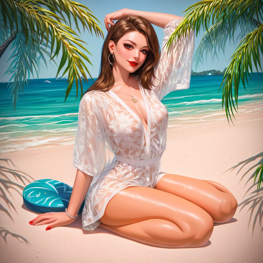 solo, full body,earrings, eyelashes, pantyhose,, (beach,(palm tree),crowd,(white shirt), floral print,red lips),sexy evocative smile,, (shiny skin:1.05),(blush:0.9),(skindentation:1.15),realistic, masterpiece, highest quality, highres,absurdres, (perfect face:1.1), (sharp focus:1.1),,  trending on ArtStation, trending on CGSociety, Intricate, High Detail, Sharp focus, dramatic,