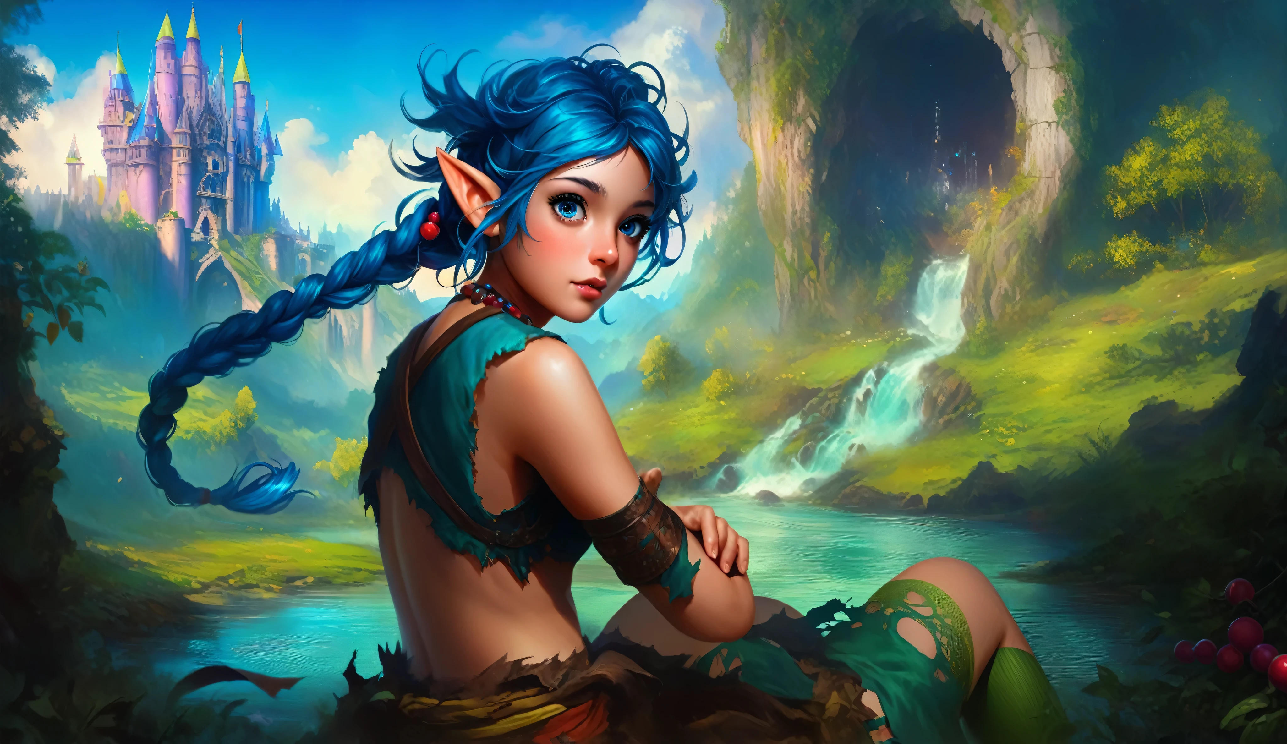 masterpiece, newest, absurdres, masterpiece, highly detailed, beautiful anime, lineart, realistic anime, semi realistic, ((very aesthetic, best quality, ultra detailed)), (perfect face, cute face, like face), fantasy background, extreme colors, Bavarian forest, mountainside, river, castle ruins, intricate details, colorful, ((dramatic lighting)), fantasy, young, girl, ((looking at viewer)), perfect face, ((torn clothes)), twinbraids, blonde, , elf girl, ponytail, sidelocks, pointy ears, sleeveless shirt, green thighhighs, black lips, mascara, Long eyelashes, dark elf, very long hair, multicolored hair, parody, braid, outdoors, messy hair, gradient hair, sleeveless, blue hair, twintails, hair ornament, looking back, bikini top only, tribal, loincloth, torn clothes, beads, hair beads, blue eyes, long hair, blonde hair
