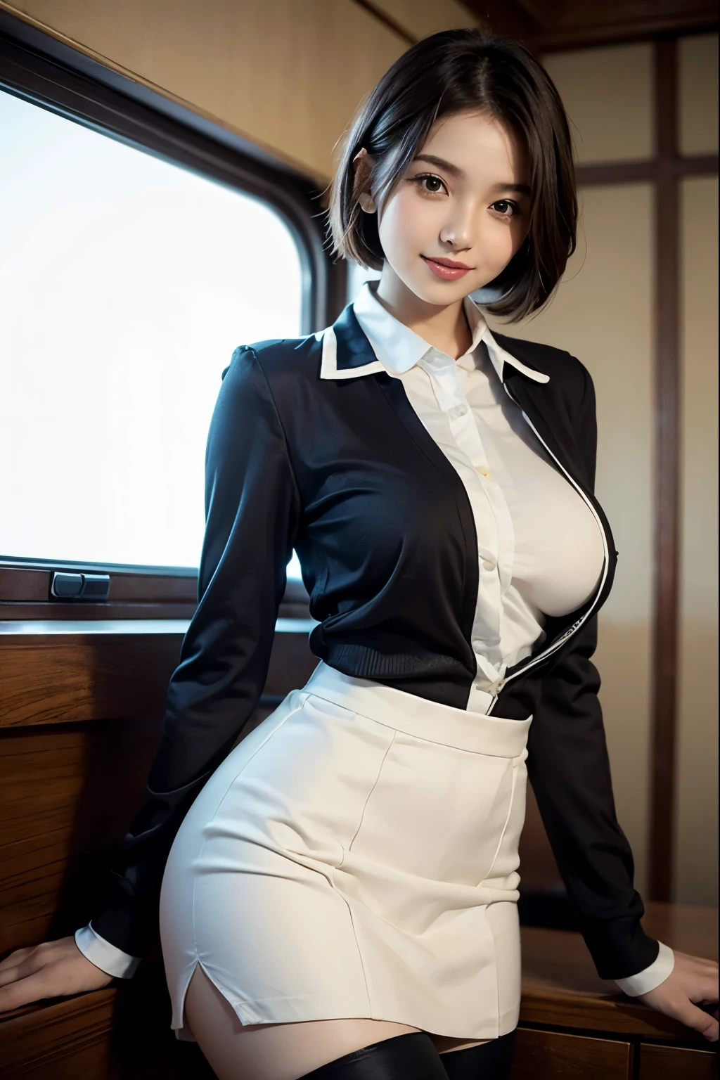 (8K high image quality), (top-quality), (RAW image quality),(masutepiece:1.2), (Realistic), (Photorealistic:1.37), ,largeeyes,long eyelasher,(Live-action realistic style),The Ultimate Face,Photorealistic light and shadow,Clear facial features,,Fair skin, ),(The Ultimate Face,Extraordinary beauty),Best portraits, 1-girl,Beautiful detailed eyes,highlydetailed skin,(Beautiful face with double eyelids), (Realism: 1.4),((fullbody image)) ,delicate and beautiful face,,Female about 20 years old,(Beautiful Face 1.4),short hair length,((Japan high school girl in uniform)),(lipsticks,Lame around the eyes,earring beautiful),((Shot on an airplane)),(sitting in the seat),(Flight attendant uniforms)),,(Flight attendants in uniform),,(cowboy shot),Shoot head-on,,Close-range shooting,((Upper body should only wear a blouse and bra)),(((Show your audience your best smile))),Lightly dressed flight attendants,Expose the bra a little,((Open your legs wide,Open your legs to show your panties))