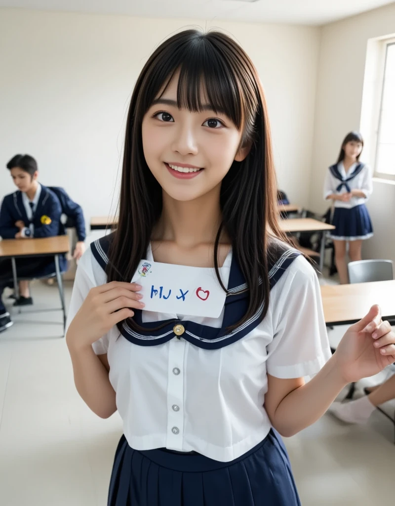 (8k、Original photo、top-quality、masterpiece:1.2)、(Realistic、 photorealistic :1.37)、  ultra detail 、Super A high resolution、1 girl、High school girl, young、(beautiful girl, Baby Face, Super cute idol-like face:1.2), (She is smiling in the classroom at school fold's a sign that read “FLUX 日本女子”:1.4)、Slightly longer bob hair、Black Hair、With bangs, Japanese High School Uniform、((Sailor school uniform)Wearing)、