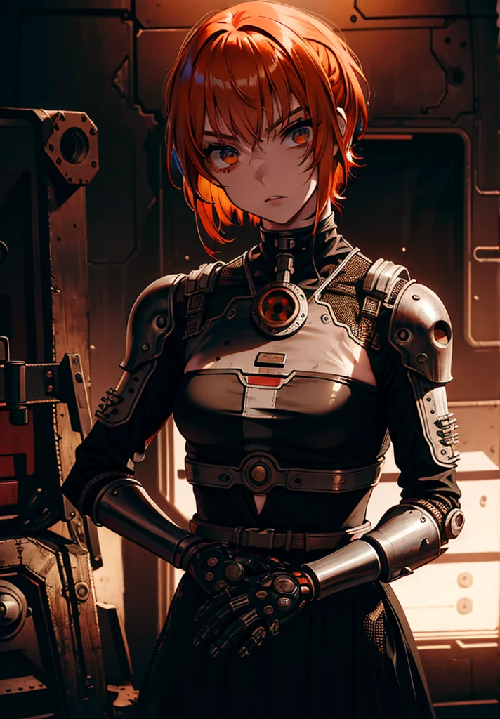 (((mulher))), (((melhor qualidade))), (((obra prima))), (((adulto))), (((1girl))), ((( corte de cabelo bob ))), A highly detailed and realistic skull girl,( Anya. Taylor Joy) cyberpunk character, mad max furiosa, one hand robot, cyborg arm, orange hair, dramatic metal heavy rock theme, best quality, 8k, hyperrealistic, photorealistic, extreme detailed painting, studio lighting, vivid colors, dark moody atmosphere, cinematic, dramatic pose, intricate mechanical details, glowing energy effects, intense gritty textures, seamless integration of organic and inorganic elements. Wearing the used clothes of a wastelander. Background: An apocalyptic wasteland. Dusty and depressing., sexy pose, walking