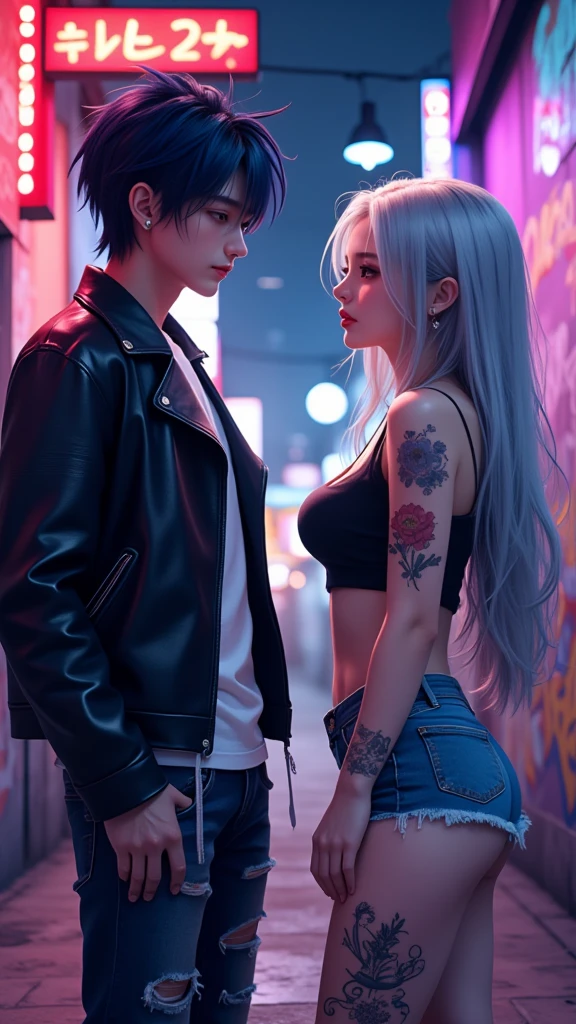 Men and women, Anime illustrations, ((Adult male,  men dark blue hair , Dark brown eyes, Sleepy eyes ,  leather jackets in punk style ,  ripped jeans , Ear Piercing, Hug)), ((( female with long gray hair,  wearing black tops ,  jeans shorts ,  thick mascara , many Ear Piercing,  tattoos on thighs ))),  Look at the audience , Night time, Neon Light, night scene of back alley full of graffiti and Neon Light, Full body image,  men taller than women , 3D rendering,  Cowboy Camera Angle, 