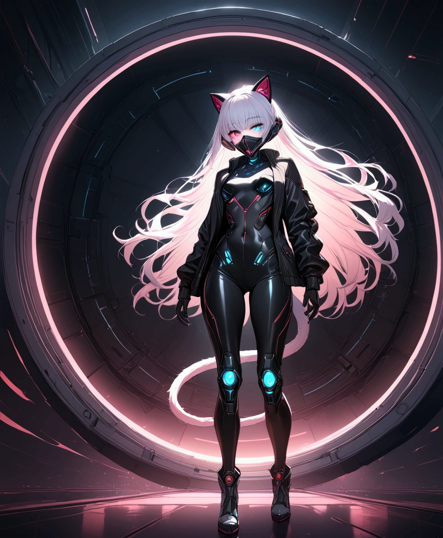 1girl, cat girl, white long hair, full body, black sci-fi suit with white and red details, sci-fi styled ear covers, cosmic background, detailed face, heterochromia, slit pupils, mechanical sci-fi styled tail, open suit, mechanical sci-fi styled facemask, highly detailed, hyper realistic, 8k, photorealistic, masterpiece, cinematic lighting, volumetric lighting, chiaroscuro, vibrant colors, dramatic lighting, ultra detailed, award winning, intricate details, studio quality, sharp focus, concept art, digital painting, science fiction, futuristic, cyberpunk