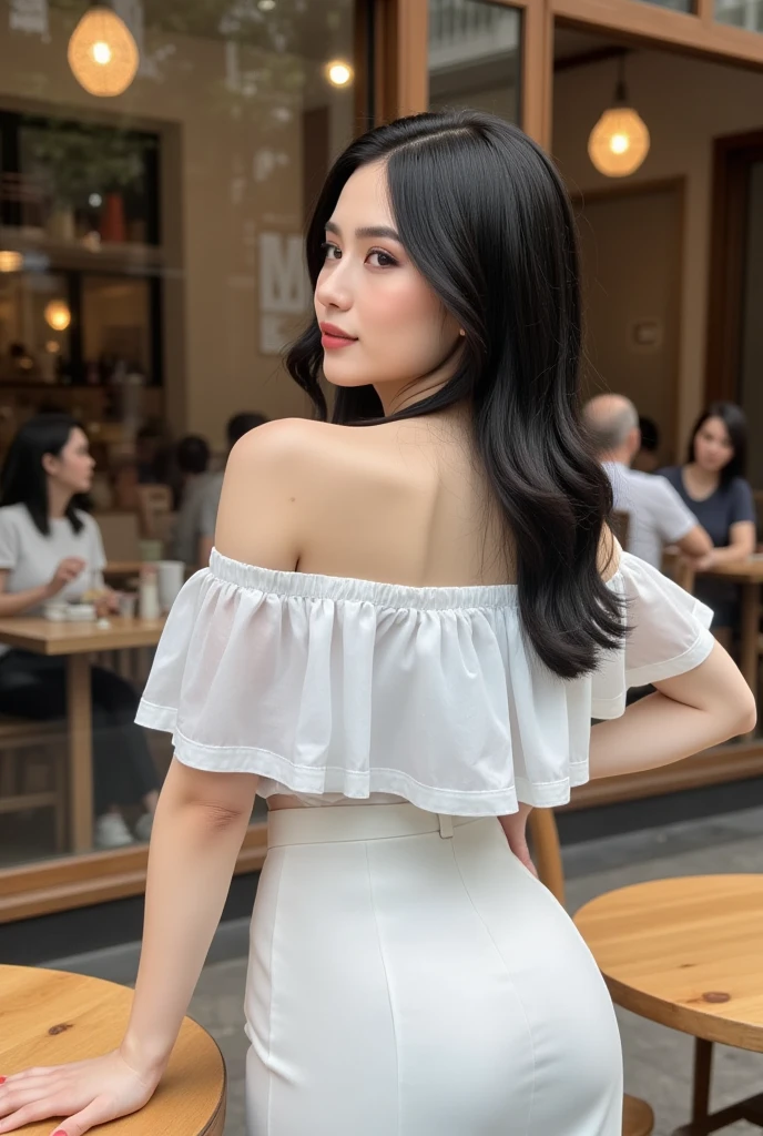 photography, model shoot, perfect body, round ass, from back shot, cowboy shot of a beautiful European woman wearing a white off shoulder shirt and white skirt standing outside a cafe, she is posing, she has pretty lipstick, outdoor