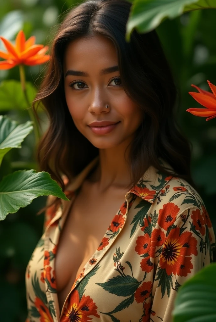 A Brazilian woman in a lush tropical garden, wearing an open shirt with a floral print, with a close-up capturing the harmonious beauty between her breasts and the natural flowers, showing off your natural charm and outgoing personality.
