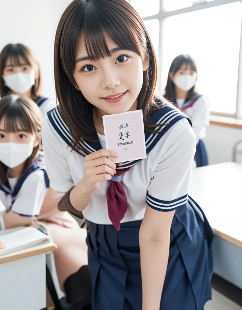 (8k、Original photo、top-quality、masterpiece:1.2)、(Realistic、 photorealistic :1.37)、  ultra detail 、Super A high resolution、1 girl、High school girl, young、(beautiful girl, Baby Face, Super cute idol-like face:1.2), (She is smiling in the classroom at school fold's a sign that read “日本女子 ”:1.4)、Slightly longer bob hair、Black Hair、With bangs, Japanese High School Uniform、((Sailor school uniform, I'm wearing a navy blue pleated skirt))、 upper body, 