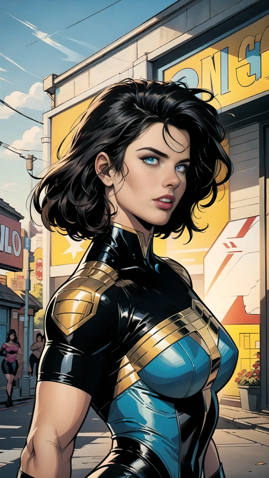 A woman, black hair, hair with bangs, 90's x-men uniform, outside, Marvel art style, comic, blue eyes, some freckles, dark yellow spandex, red accent