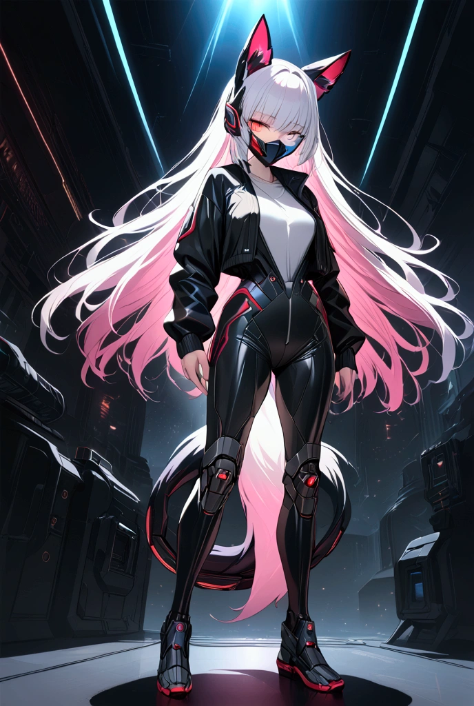 1girl, fox girl, white long hair, full body, black sci-fi suit with white and red details, sci-fi styled ear covers, cosmic background, detailed face, heterochromia, slit pupils, mechanical sci-fi styled tail, open suit, mechanical sci-fi styled facemask, highly detailed, hyper realistic, 8k, photorealistic, masterpiece, cinematic lighting, volumetric lighting, chiaroscuro, vibrant colors, dramatic lighting, ultra detailed, award winning, intricate details, studio quality, sharp focus, concept art, digital painting, science fiction, futuristic, cyberpunk