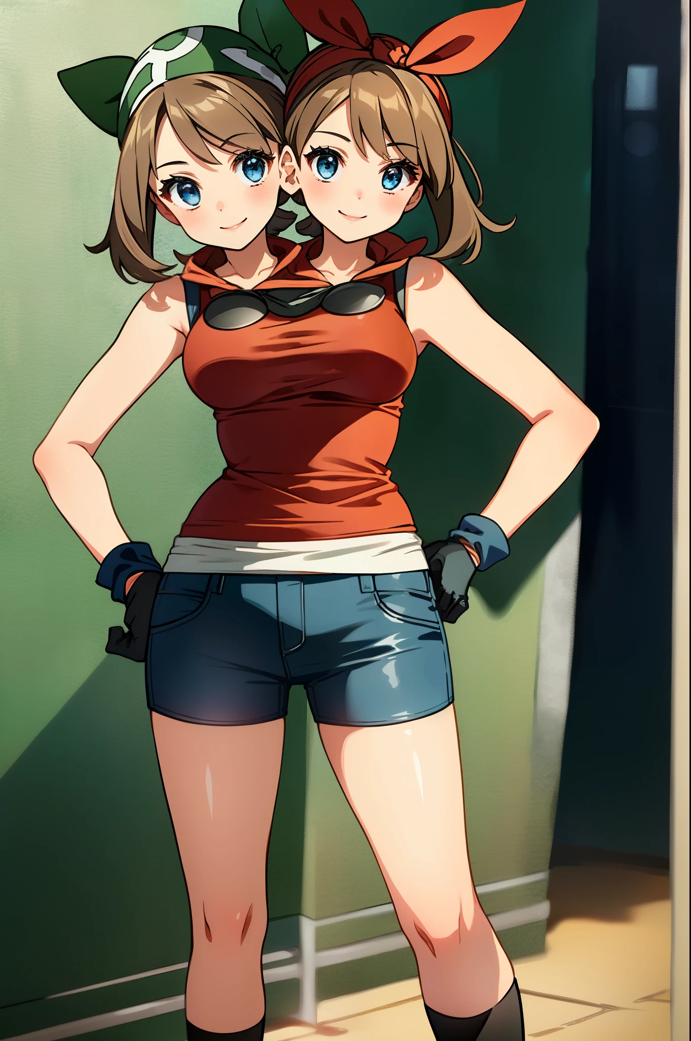 (masterpiece, best quality),  intricate details,
1girl,     may, shirt, bike shorts, bandana, red shirt, hairband, medium hair, gloves, shorts, bow hairband, sleeveless, red bandana
 hands on hips, (2heads:1.4), looking to the side, smile