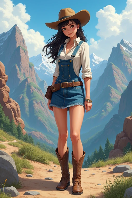 A woman, 28 years old, American woman, cowboy dress, short blue Lee skirt, cowboy boots, western style, mountain environment, anime style, full body view,