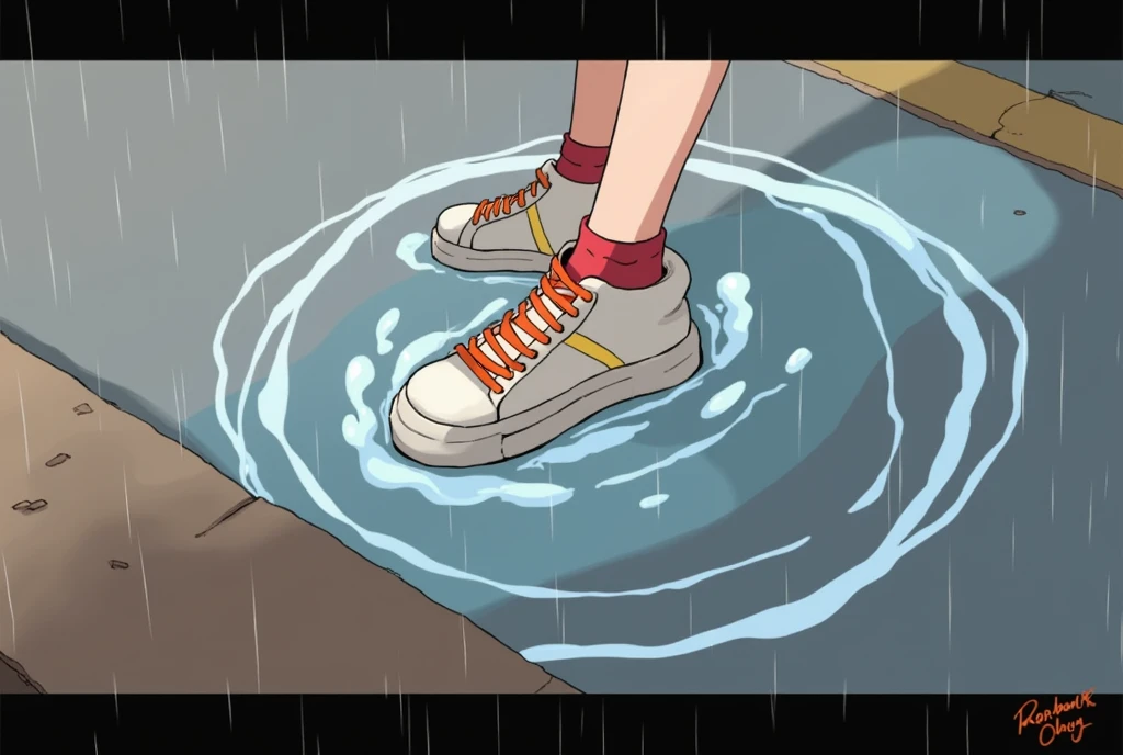 Someone stood on the windowsill，feet in water, Stomping, standing in a pool of blood, inspired by Asaf Hanuka, Anime girl walking on water, Step on the tower, [ Floating ]!!, [ conceptual art ]!!, rain!!!!, Concept illustration, giantess art, loish |, random background scene, Detailed fanart, pouring
