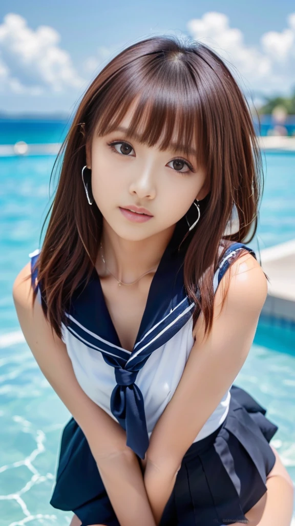 oung woman posing as she reaches out for a ball in the ocean, 1girl, solo, swimsuit, bikini, breasts, cleavage, long hair, looking at viewer, mole, brown hair, pool, smile,droptop, posing, 1girl,izumi sagiri, grey hair, multicolored hair, blue eyes, small breasts, pink bow, collarbone, frills,izumi sagiri, grey hair, multicolored hair, blue eyes, small breasts, pink bow, collarbone, frills,izumi sagiri, grey hair, multicolored hair, blue eyes, small breasts, pink bow, collarbone, frills