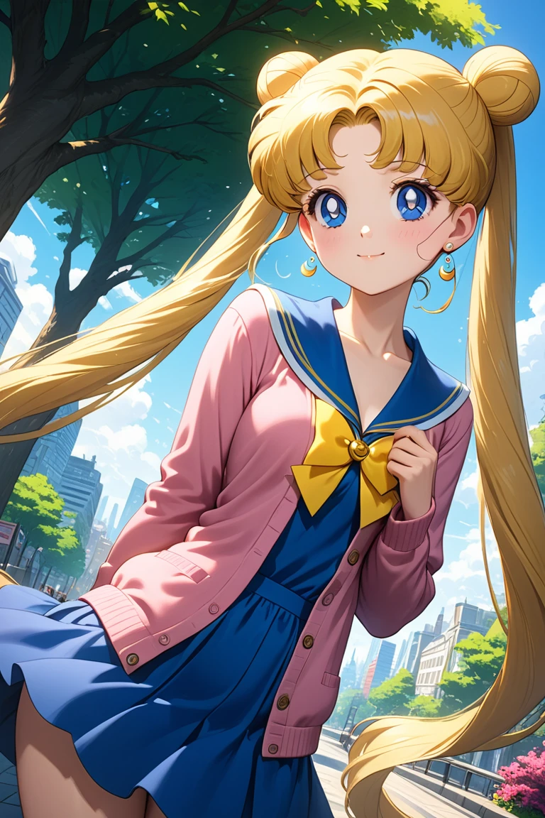 (masterpiece, best quality, very aesthetic, ultra detailed), intricate details, 4k, aausagi, long hair, double bun, twintails, parted bangs, earrings, blue eyes, blue dress, open cardigan, peter pan collar, pink cardigan, long sleeve, holding skirt, looking at viewer, closed mouth, smile, outdoors, city, day