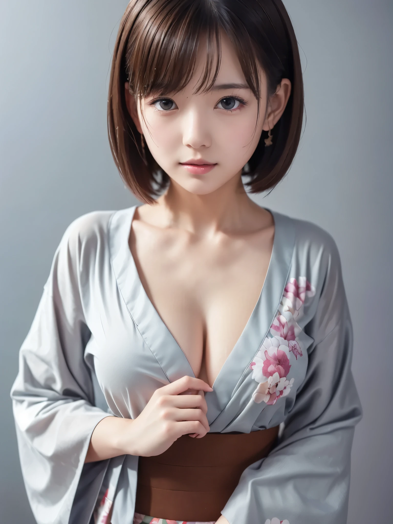 wearing japanese kimono, elegant kimono, floral print, BREAK,
(((Anatomically correct,perfect anatomy))), nsfw,
(1girl,solo), (yuichan:1.3), petite, Fine clavicle, neat and cute girl, japanese cute girl, beautiful detailed eyes, layered hair, fluffy hair, brown short hair, bangs, glossy lips, (Fine Face),(Fine Eyes), (Clear Face), (Detailed Face Description), (Detailed Hand Description), Realistic, Extreme Light and Shadow, Shiny Skin,Shiny Hair, BREAK, absurdres, (16K, UHD, Top Quality, Masterpiece: 1.2),(Realistic, Photorealistic: 1.37), Physically Based Rendering,Professional Lighting, Photon Mapping, Masterpiece, Rich Detail, Ultra Detailed, Super detailed, highest quality, intricate details, ultra high resolution, (realistic:1.2),