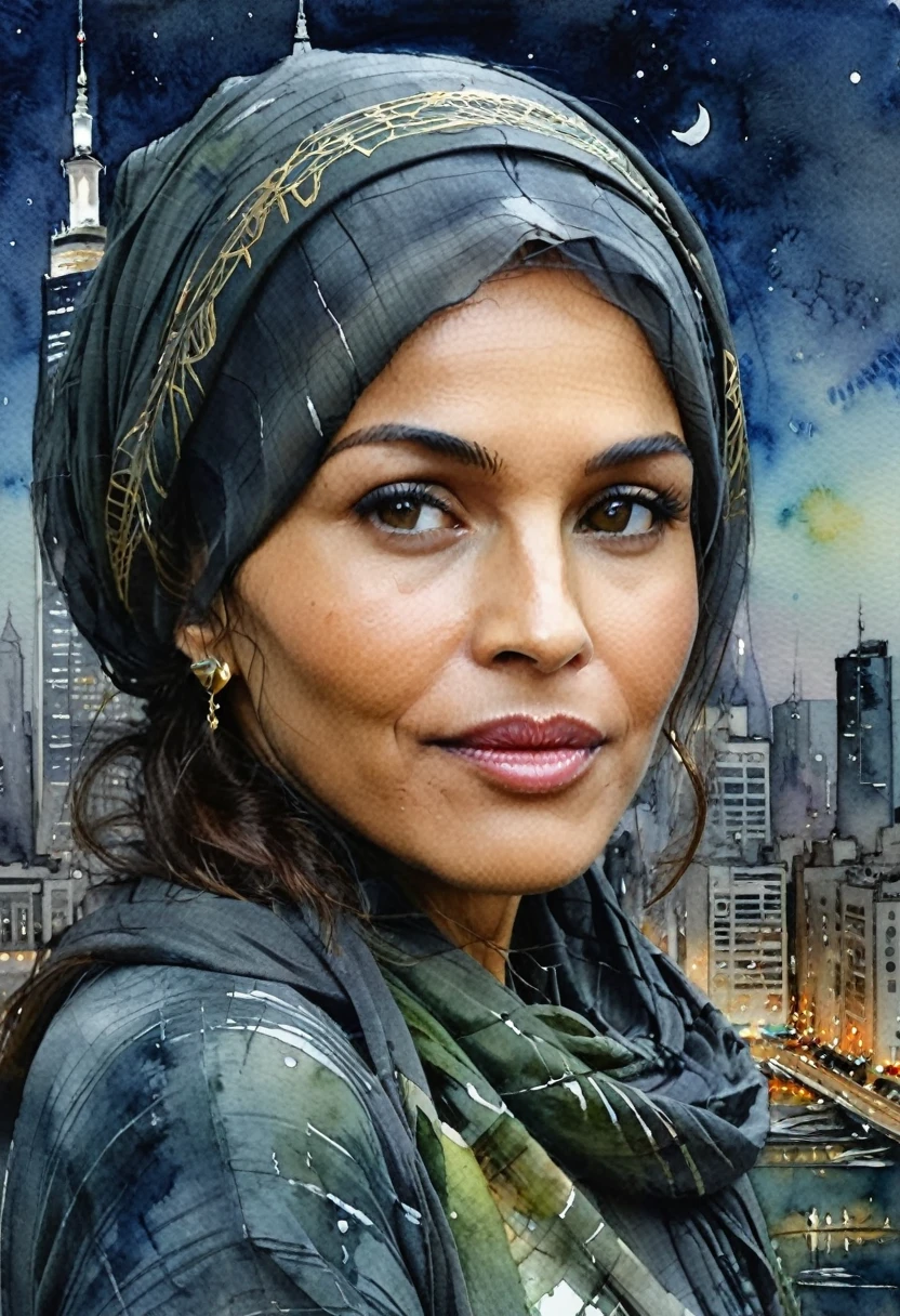 Abstract beauty, 60-year-old Muslim woman extraordinary beautiful olive skin, Skyscraper on the left, Center, Looking at the camera, close to perfection, Dynamic, Moonlight, Highly detailed, Watercolor painting, art station, concept art, delicate, Focus sharp, illustration, Art by Carne Griffiths and Wadim Kashin