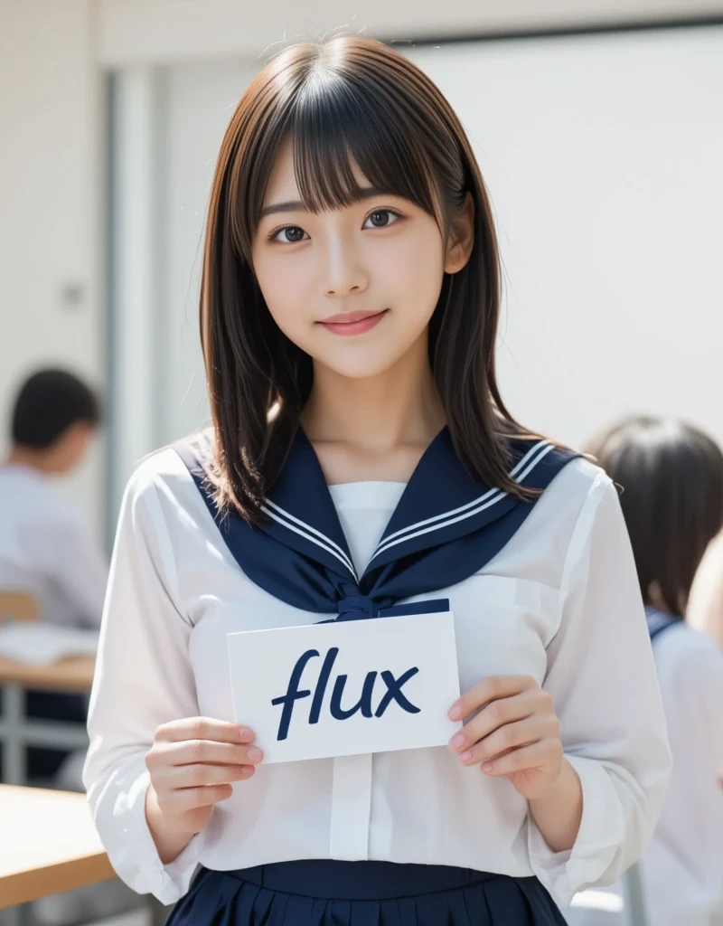 (8k、Original photo、top-quality、masterpiece:1.2)、(Realistic、 photorealistic :1.37)、  ultra detail 、Super A high resolution、1 girl、High school girl, young、(beautiful girl, , Super cute idol-like face:1.2), (She is smiling in the classroom at school, fold's a sign that read “FLUX ”:1.4)、Slightly longer bob hair、Black Hair、With bangs, Japanese High School Uniform、((Sailor school uniform, I'm wearing a navy blue pleated skirt))、 upper body, 