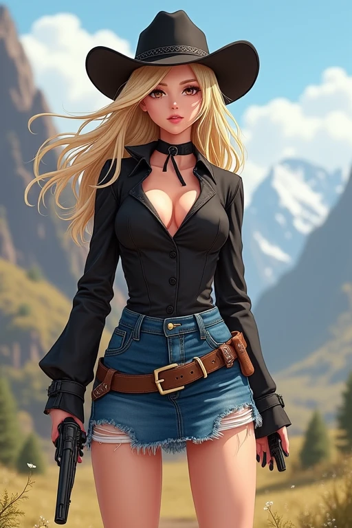 A woman, 28 years old, American woman, cowboy dress, short blue Lee skirt, cowboy boots, western style, mountain environment, full body view, sexy body style ,a woman in a black outfit with a gun in her hand, sexy girl, blonde goddess, seductive anime girl, extremely detailed artgerm, style artgerm, cutesexyrobutts, ig model | artgerm, cleavage, like artgerm, artgerm style, beautiful blonde girl, alena aenami and artgerm, perfect android girl