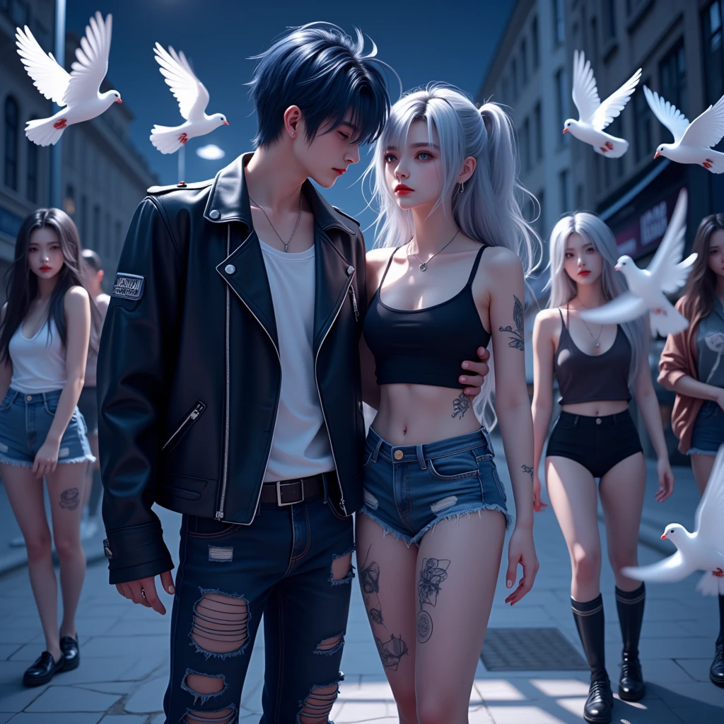 Men and women, Anime illustrations, ((Adult male,  men dark blue hair , Dark brown eyes, Sleepy eyes ,  leather jackets in punk style ,  ripped jeans , Ear Piercing, Hug a woman)), ((( female with long gray hair,  Red Lips ,  wearing black tops ,  jeans shorts ,  thick mascara , many Ear Piercing,  tattoos on thighs ))), ทั้งMen and womenมองไปที่ผู้ชม,  a number of white doves., Night time, Full body image,  men taller than women , 3D rendering, Wide angle view