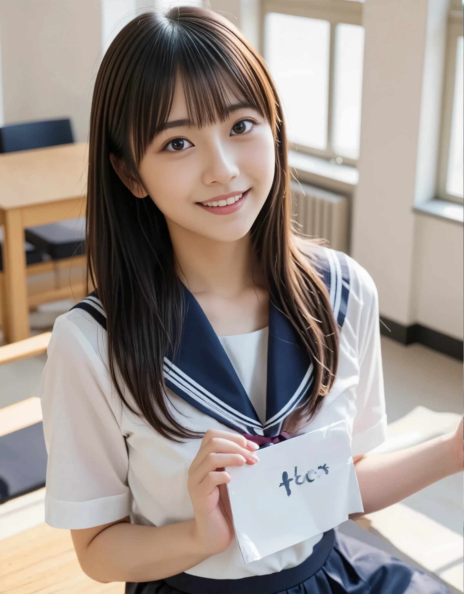 (8k、Original photo、top-quality、masterpiece:1.2)、(Realistic、 photorealistic :1.37)、  ultra detail 、Super A high resolution、1 girl、High school girl, young、(beautiful girl, Baby Face, Super cute idol-like face:1.2), (She is smiling in the classroom at school, fold's a sign that read “FLUX ”:1.4)、Slightly longer bob hair、Black Hair、With bangs, Japanese High School Uniform、((Sailor school uniform, I'm wearing a navy blue pleated skirt))、 upper body, 