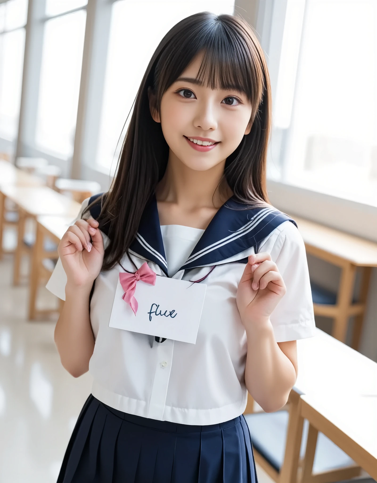 (8k、Original photo、top-quality、masterpiece:1.2)、(Realistic、 photorealistic :1.37)、  ultra detail 、Super A high resolution、1 girl、High school girl, young、(beautiful girl, Baby Face, Super cute idol-like face:1.2), (She is smiling in the classroom at school, fold's a sign that read “FLUX ”:1.4)、Slightly longer bob hair、Black Hair、With bangs, Japanese High School Uniform、((Sailor school uniform, I'm wearing a navy blue pleated skirt))、 upper body, 