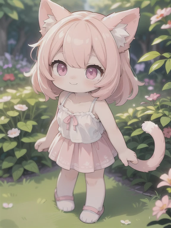 Girl,Cat ear、Cat's Tail、Pink Hair、Purple Eyes、Big Eyes、smile、Laughing with your mouth open、Detailed face、Leaning forward、Focus on the face、Increase the proportion of the face、Completely naked、Child body type、Flat Chest、Nipples、Pussy、Healthy Skin、Outdoor、Lots of nature、nsfw