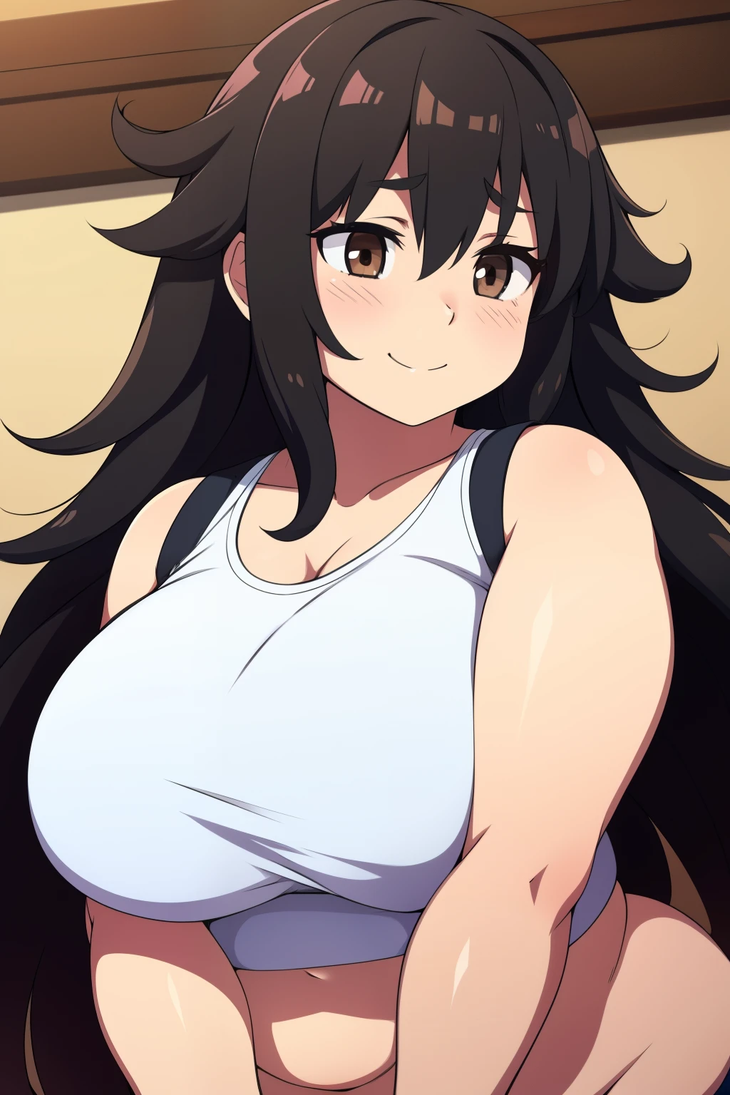 Chubby big boobs black hair brown eyes happy long messy hair blushing smile deredere 