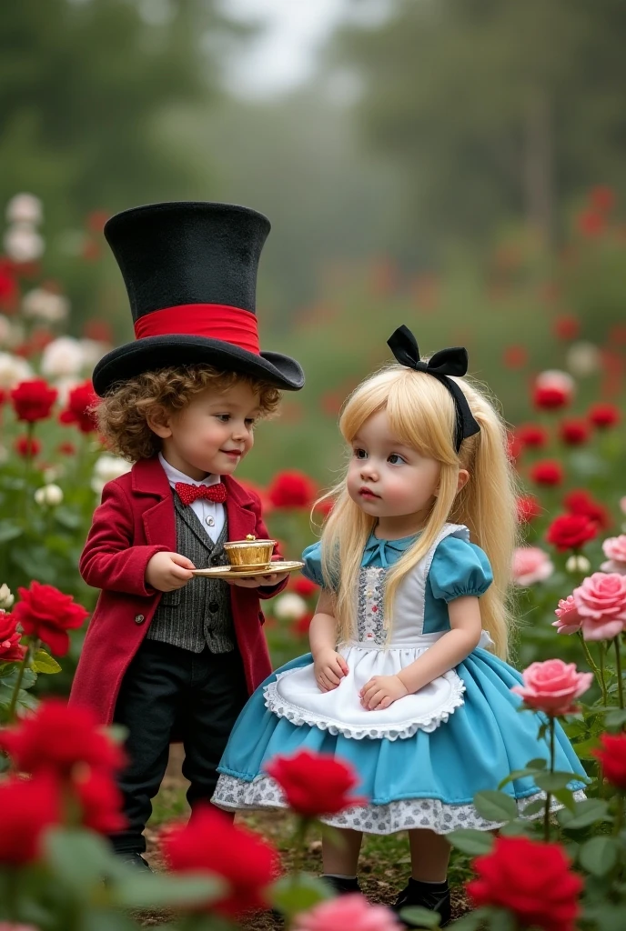 A garden with red and white roses with reference to Alice in Wonderland, with two children dressed as the Mad Hatter and Alice sitting down playing with various Disney toys