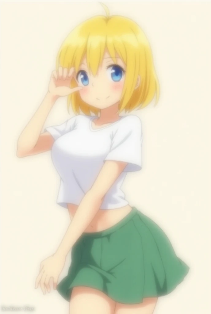 One girl, Blonde, short hair, blue eyes, naked, Green Skirt, city, rain, Detailed Background 