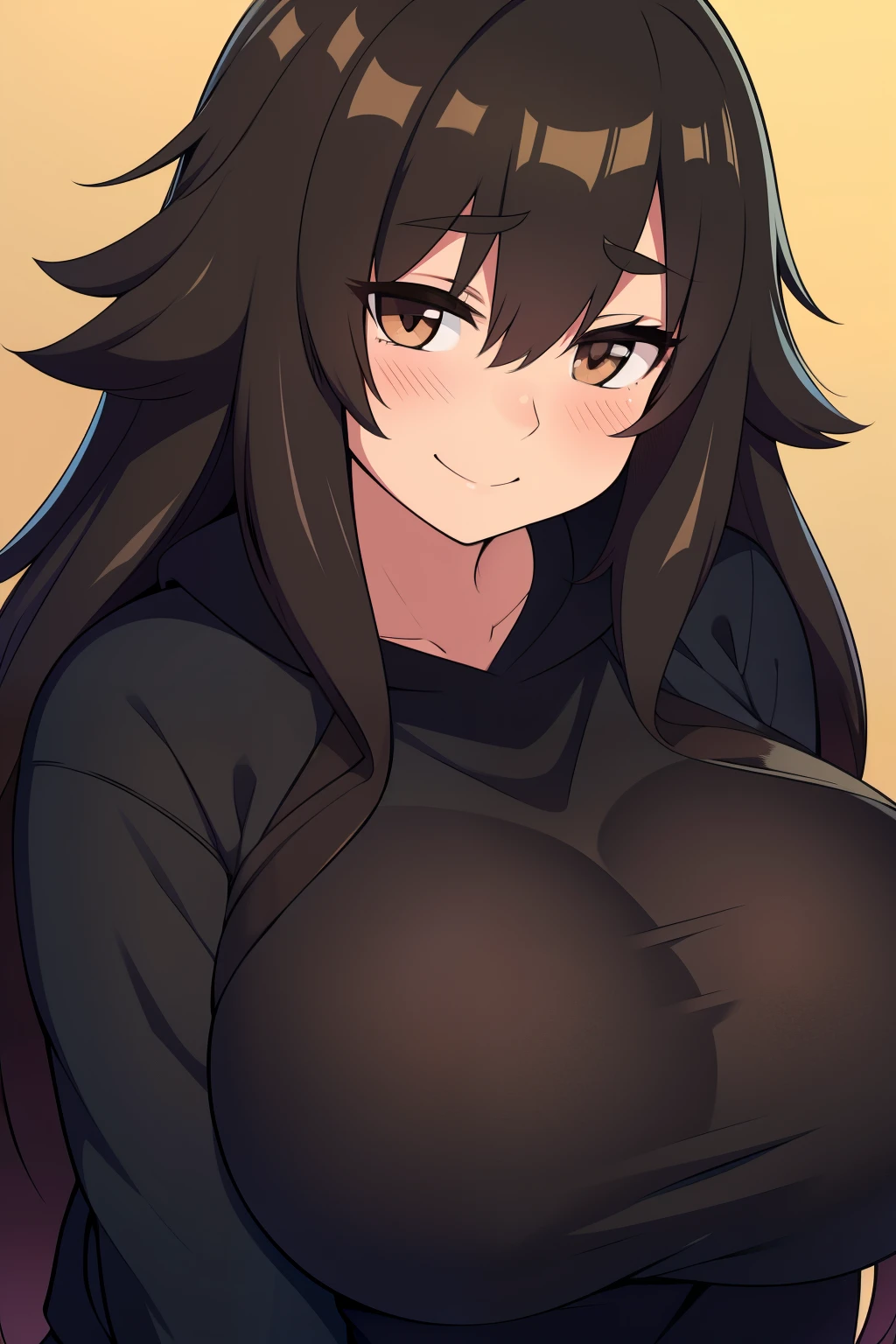 Chubby big boobs black hair brown eyes happy long messy hair blushing smile deredere black hoodie