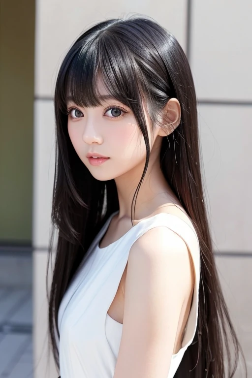  Beautiful Japanese girl 、 hairstyle is long straight black hair with bangs、Profile picture of a 24-year-old with big eyes and a lovely face 、 wearing a white dress。