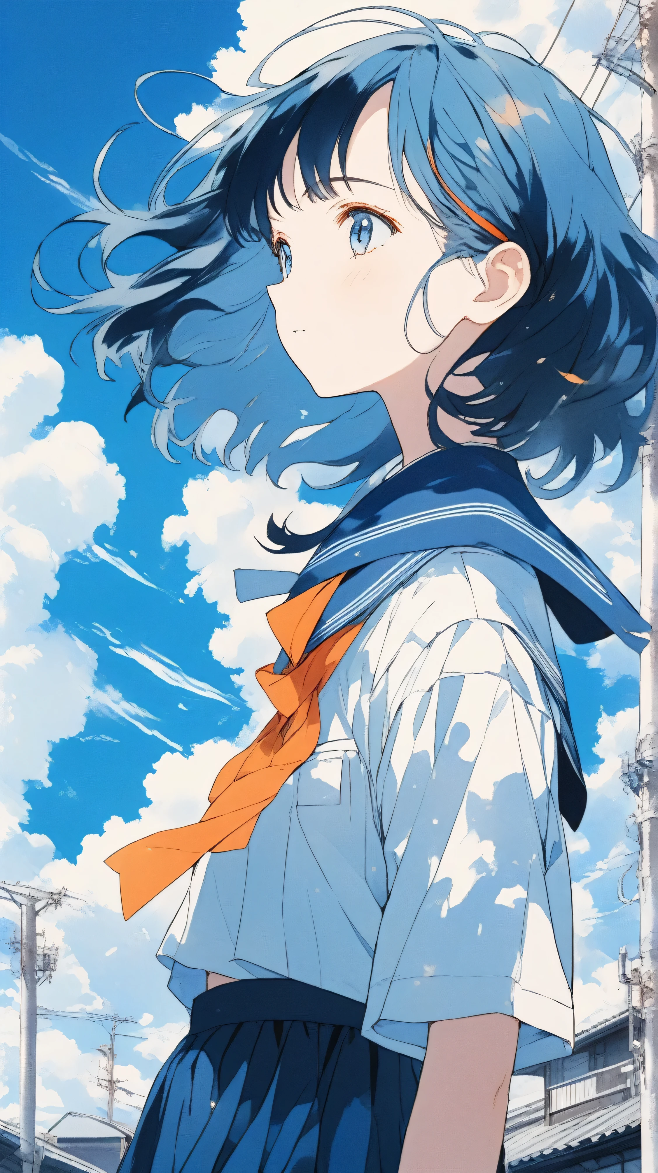 Illustrator, anime , Realistic ,sketch , Abstract background、body、Looking up at the sky, profile, Blue Hair,Short Bob、The girl on the right、Canada, (masterpiece,Best Quality)、White gradient　High quality OP, Still Images, Very happy，detailed, High image quality, masterpiece, Accurate, super detailed，Vibrant and detailed anime style depicting a young girl with casual hairstyle and big expressive blue eyes An illustration. She wears a traditional Japanese school uniform with a blue sailor top and orange neckerchief。. Background、A gorgeous bright blue sky with fluffy white clouds and lots of sunshine.。, Create a dynamic and uplifting atmosphere. It gives a sense of wonder and contemplation. The overall body structure is well balanced., The vast sky dominates the scene..