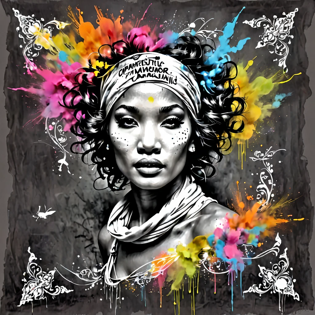 charcoal mixed chalk chaotic scribbles style captivating rendition Latina woman with bandana a Hiphop J.Lo mansion settings. The colorful with the dusty atmosphere, highlighting jimmy hendrix mysterious facial features his sign of an greamusician , The prompt incorporates by marc twain art style and the specified LORA model for a more unique and personalized outcome    Jean-Baptiste Monge, anthropomorphic --ar 2:3 --testp -optimistic;