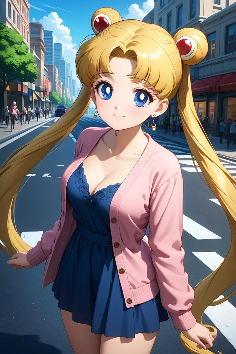 (masterpiece, best quality, very aesthetic, ultra detailed), intricate details, 4k, aausagi, long hair, double bun, twintails, parted bangs, earrings, blue eyes, blue dress, open cardigan, peter collarbone,  pink cardigan, long sleeve,  looking at viewer, closed mouth, smile, outdoors, city, day, standing, 