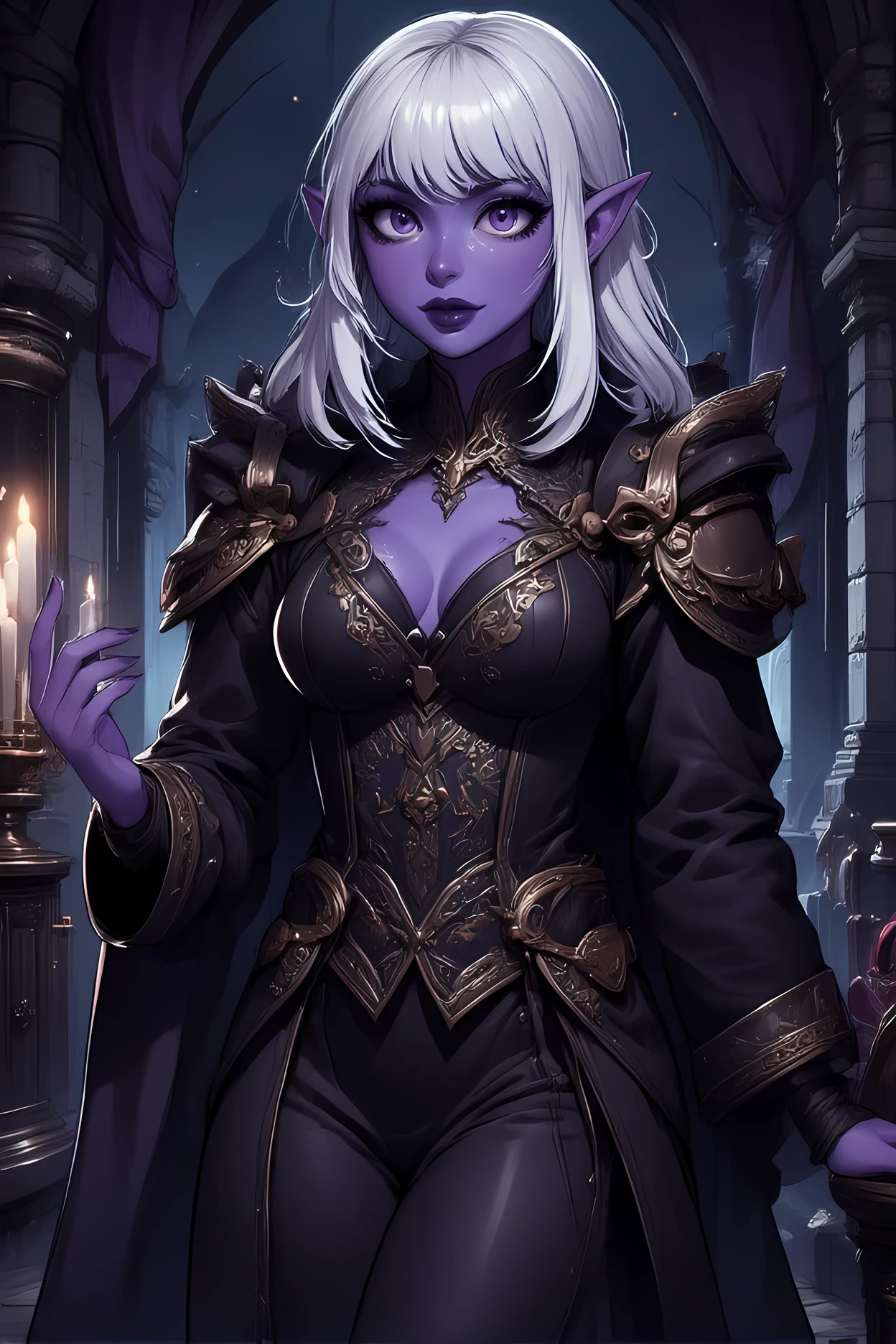 ultra detailed, masterpiece, intricate, vibrant, adult, soul, (purple skin), tiefling woman, glowing, purple eyes, priest, muscular, cleavage, braids, plump, horns, tail, healing magic, mage robes, ruins, corpses, detailed background, purple flames, <lora:soulLikeCharacter_soulLikeV1:0.8>