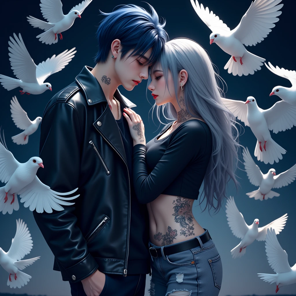 Men and women, Anime illustrations, ((Adult male,  men dark blue hair , Dark brown eyes, Sleepy eyes ,  leather jackets in punk style , Jeansขาดๆ, Ear Piercing, Hug a woman)), ((( female with long gray hair,  red lips, Wearing a black shirt , Jeans,  thick mascara , many Ear Piercing,  tattoos on thighs ))), ทั้งMen and womenมองไปที่ผู้ชม,  a number of white doves., Night time, Full body image,  men taller than women , 3D rendering, High angle view