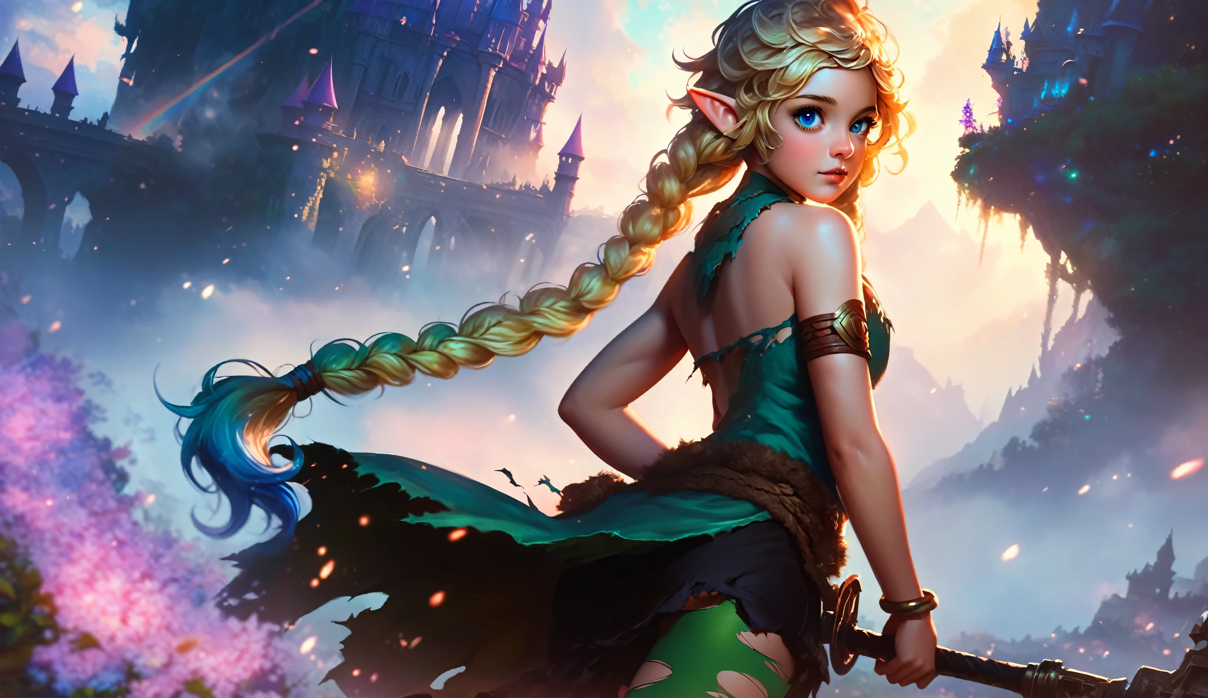 masterpiece, newest, absurdres, masterpiece, highly detailed, beautiful anime, lineart, realistic anime, semi realistic, extremely cute, ((very aesthetic, best quality, ultra detailed)), (perfect face, cute face, like face), fantasy background, extreme colors, Bavarian forest, mountainside, river, castle ruins, intricate details, colorful, ((dramatic lighting)), fantasy, young, girl, ((looking at viewer)), perfect face, ((torn clothes)), twinbraids, blonde, , elf girl, ponytail, sidelocks, pointy ears, sleeveless shirt, green thighhighs, black lips, mascara, Long eyelashes, dark elf, very long hair, multicolored hair, parody, braid, outdoors, messy hair, gradient hair, sleeveless, blue hair, twintails, hair ornament, looking back, bikini top only, tribal, loincloth, torn clothes, beads, hair beads, blue eyes, long hair, blonde hair