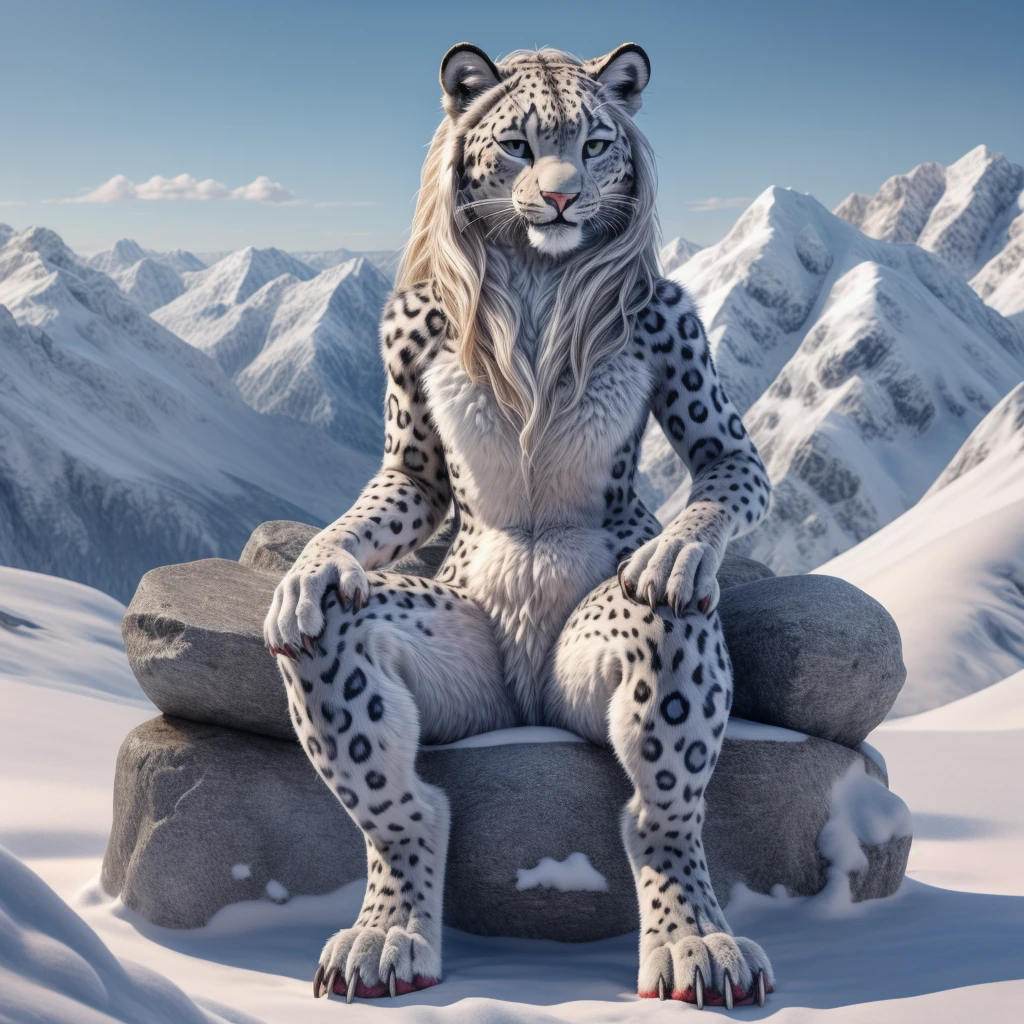 Full body, Snow leopard, female, sits, Fuzzy, Front view, left hand on left leg, right hand on right leg, with mane,  4 fingers with medium-length claws, 3 toes with long claws, very detailed fur, Naked, smile, in the high mountains, sonne am zenit, very high quality, High resolution, detailed background