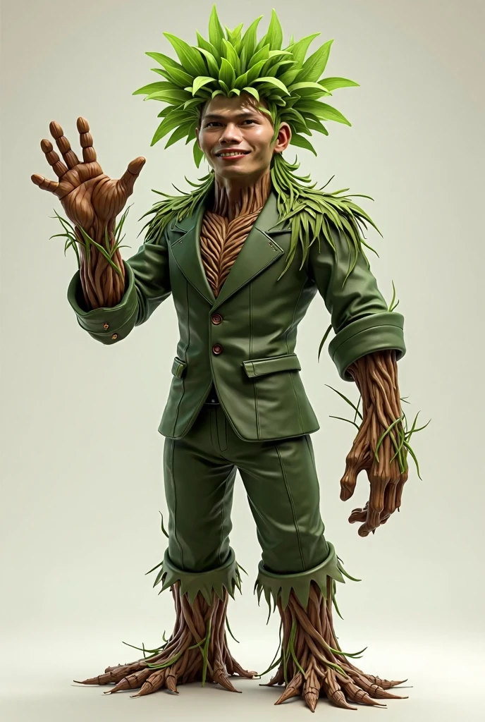 make a videogame character, that is a human shaped tree, with some leaves instead of hair, it should be tall and use a green suit, with strong hands and black eyes, in a victory pose with a humble and simple expresion