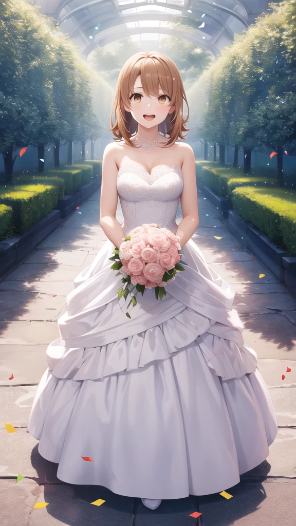 masterpiece, best quality, highres, aairoha, medium hair, full body, wedding dress, standing, garden, confetti, holding bouquet, smile, open mouth,