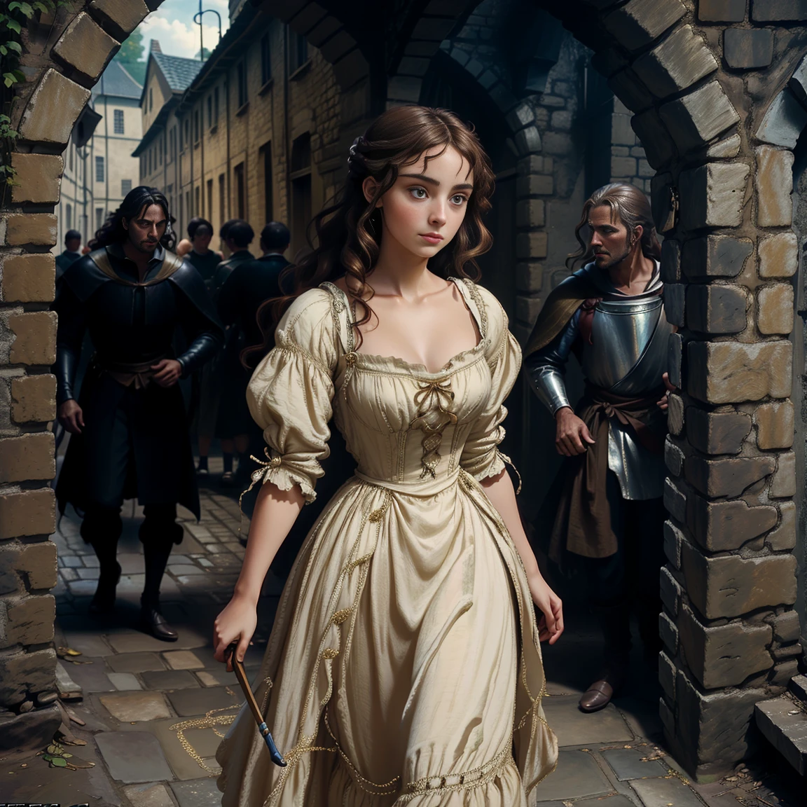 Young woman with a childlike face. elegant, sober. enigmatic look. Renaissance era. Beautiful dress, party dress, with neckline. Brown-haired woman, beautiful, wavy hair,  accompanied by an archer man, Adventurous. walks resolutely, along a medieval street