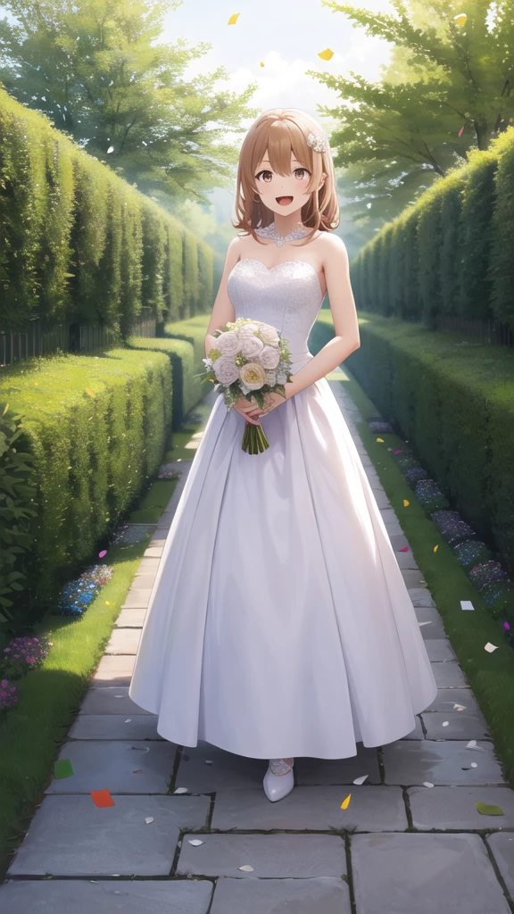 masterpiece, best quality, highres, aairoha, medium hair, full body, wedding dress, standing, garden, confetti, holding bouquet, smile, open mouth,