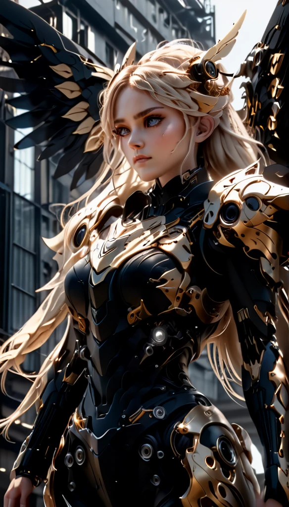 a beautiful woman with long, messy blonde hair, seen from a low angle perspective, cinematic lighting, highly detailed, 8K resolution, best quality, masterpiece, mechanical body with black steel parts, large wings growing from her back, detailed face and eyes