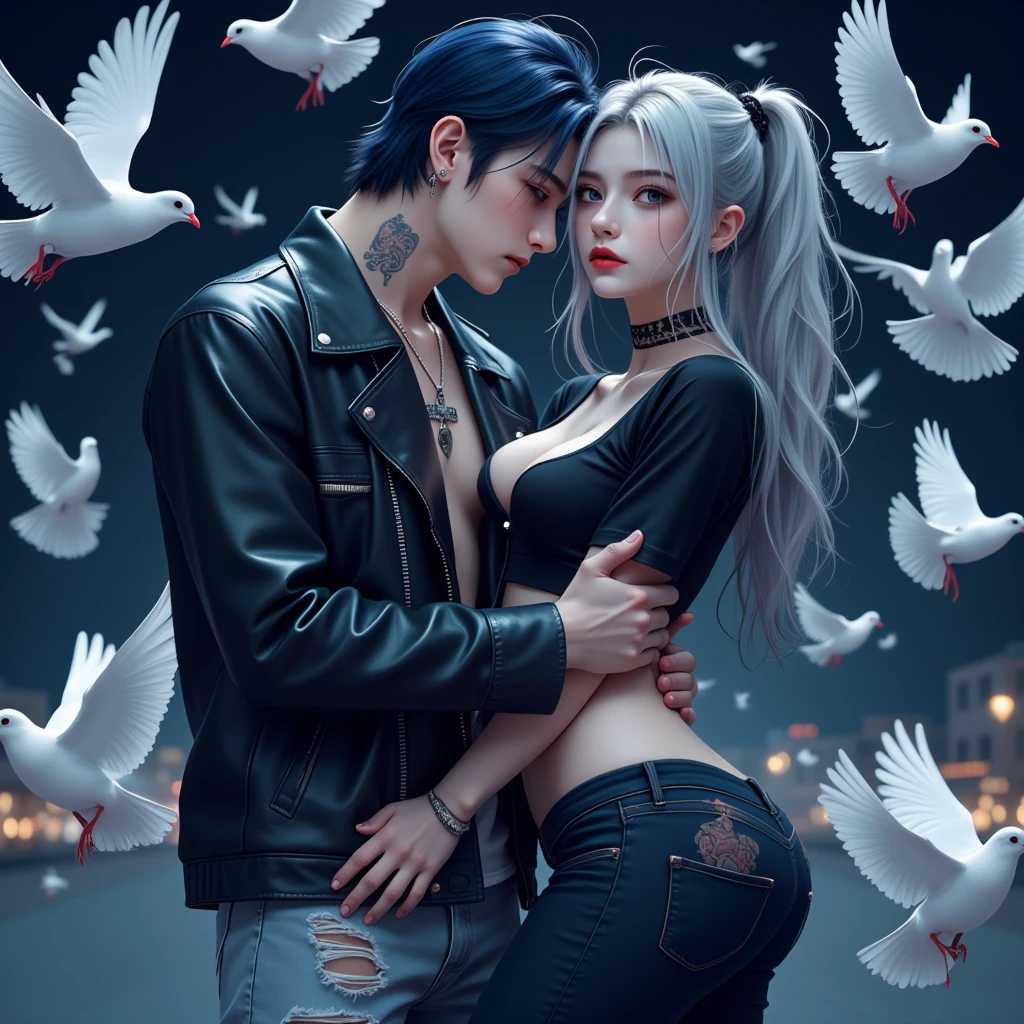 Men and women, Anime illustrations, ((Adult male,  men dark blue hair , Dark brown eyes, Sleepy eyes ,  leather jackets in punk style , Jeansขาดๆ, Ear Piercing, Hug a woman)), ((( female with long gray hair,  red lips, Wearing a black shirt , Jeans,  thick mascara , many Ear Piercing,  tattoos on thighs ))), ทั้งMen and womenมองไปที่ผู้ชม,  a number of white doves., Night time, Full body image,  men taller than women , 3D rendering, High angle view